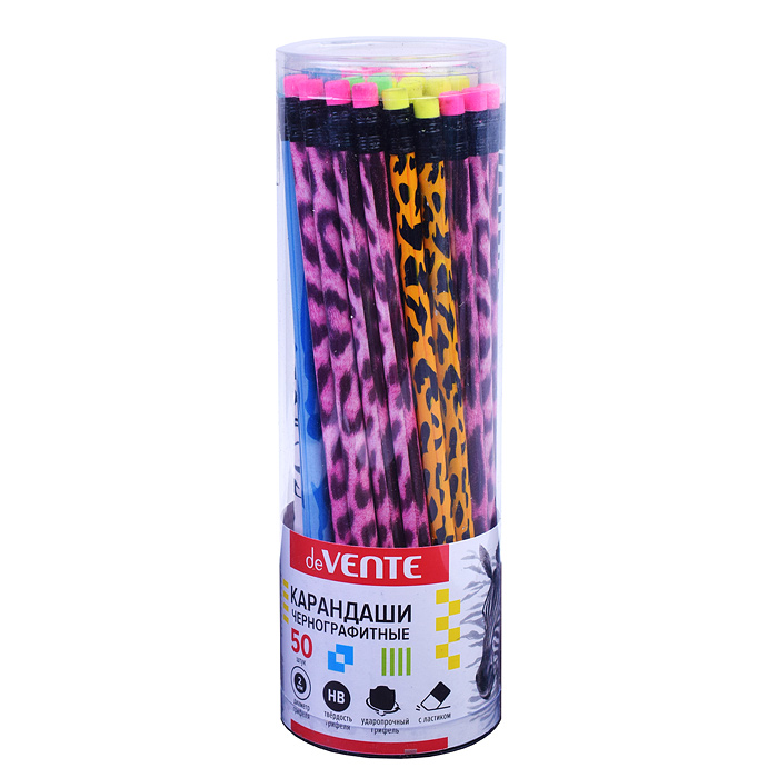Карандаш чернографитный HB, диаметр грифеля 1,85 мм, круглый, с ластиком, animal print асс