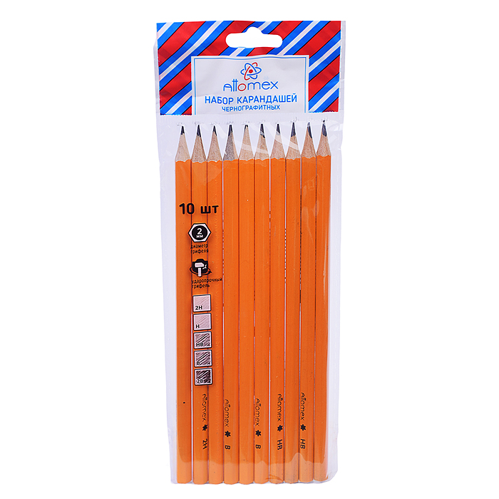Карандаш чернографитный "Attomex" 10 шт в наб 2B-2H диаметр грифеля 1,85 мм, шестигранный в пластико