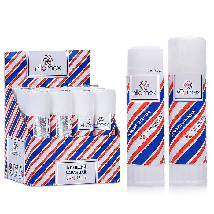 Клеящий карандаш PVA основа "Attomex" 36 г в картонном дисплее с пластиковым поддоном