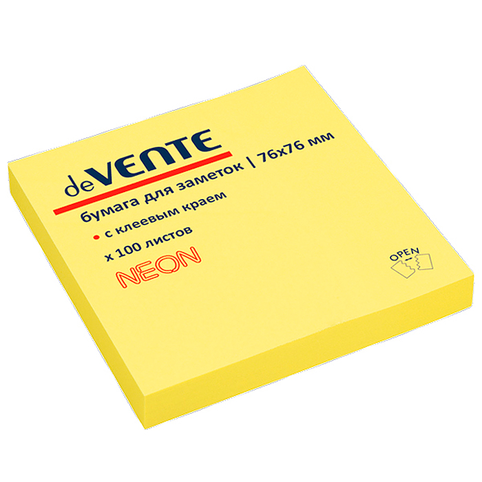 Клейкая бумага для заметок 76x76 мм, 100 листов, офсет 75 г/м², неоновая желтая