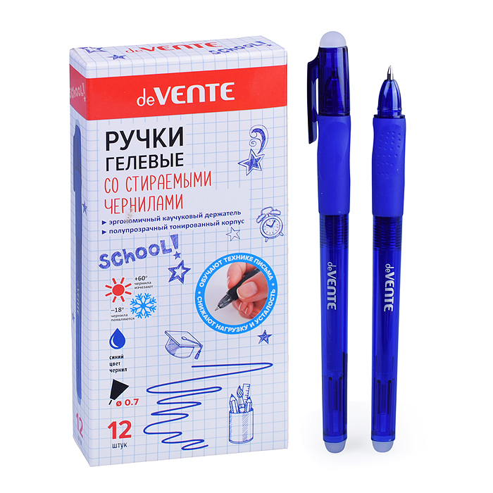Ручка гелевая стираемая "School" d=0,7 мм, полупрозрачный синий корпус, с эргономичным кауч