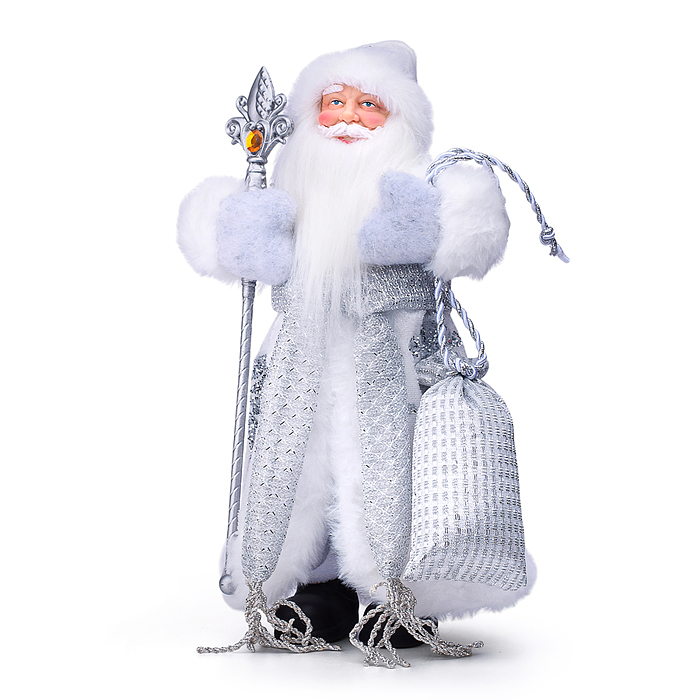 Сувенир "Дед Мороз" в бело-серебристой шубе с посохом, собственная разработка, 30 см