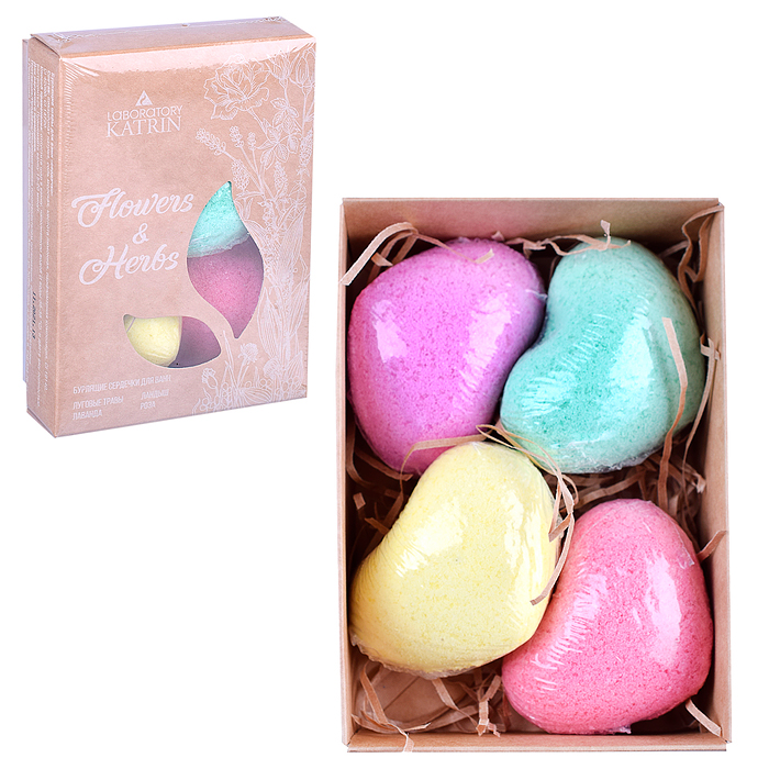 Бурлящий шар для ванн коробка "Flowers&Herbs" 4*60г  (сердечки) 