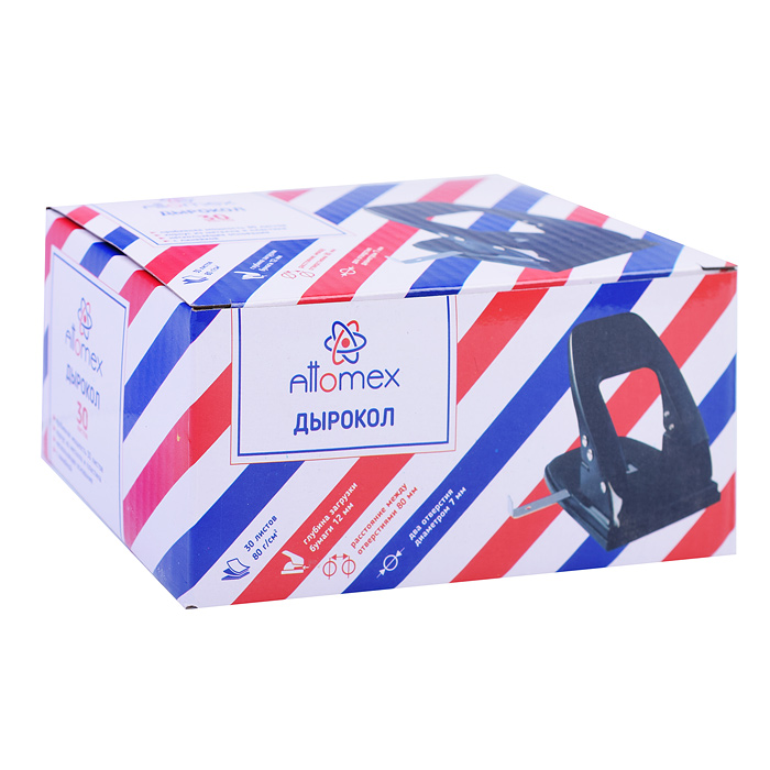 Фото к товару Дырокол "Attomex" (30 листов) металлический с линейкой, в картонной коробке, черный Дырокол "Attomex" (30 листов) металлический с линейкой, в картонной коробке, черный