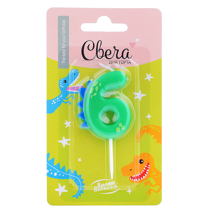 Свеча Цифра, 6 Динозаврик, 3,5*4,5 + 2,5 см, 1 шт. с держат.