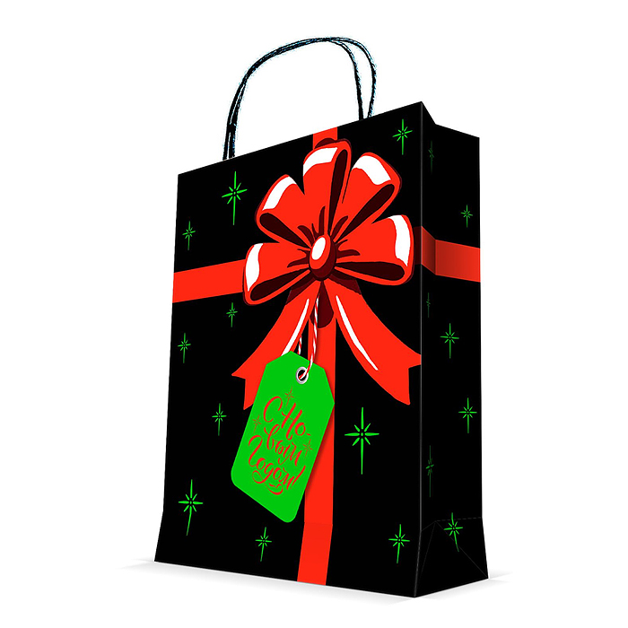 Бумажный пакет для сувенирной продукции, флуоресцентная печать, с шириной основания 26 см.