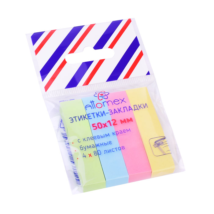 Набор самоклеящихся этикеток-закладок "Attomex" бумажные 50x12 мм, 4x80 листов, 4 пастельных цвета, 