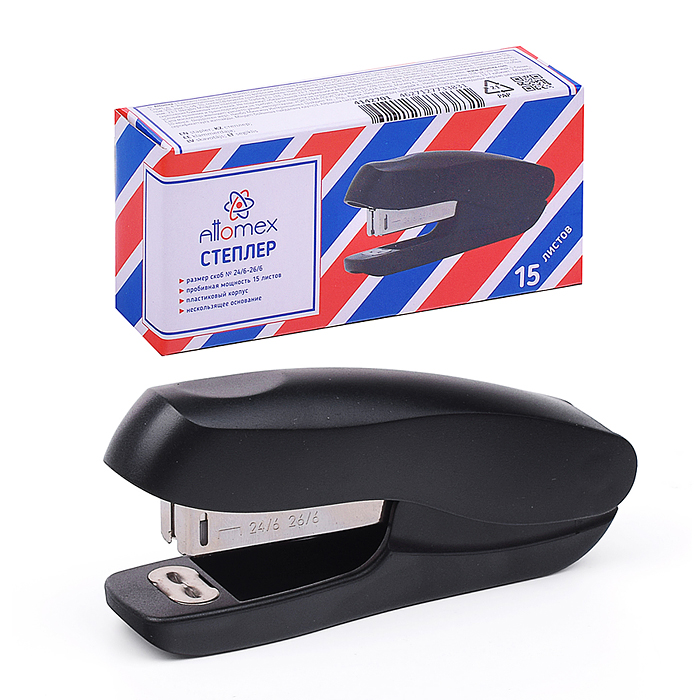 Степлер "Attomex" 24/6&26/6 (мощность 15 листов, глубина скрепления 50 мм) пластиковый, 2 вида скреп