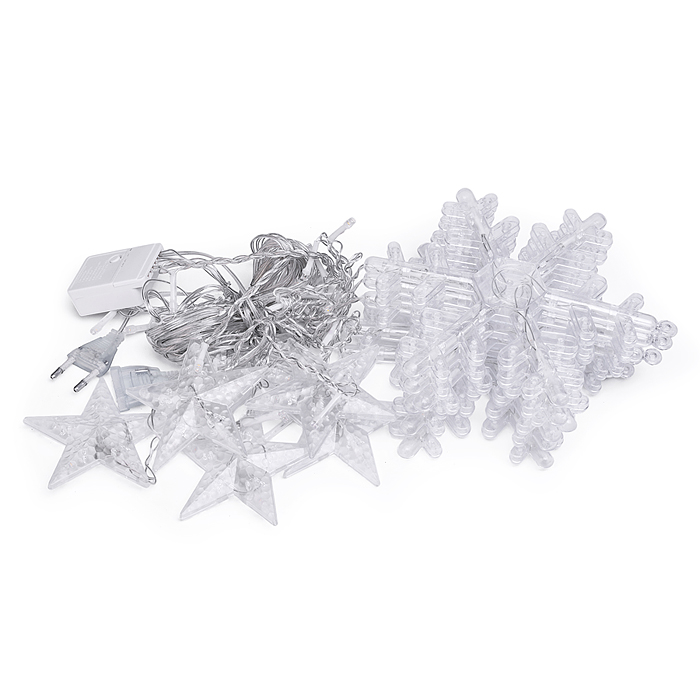 Фото к товару Электрогирлянда интерьерная "Звёздочки и снежинки" тёплый свет Электрогирлянда интерьерная "Звёздочки и снежинки" тёплый свет