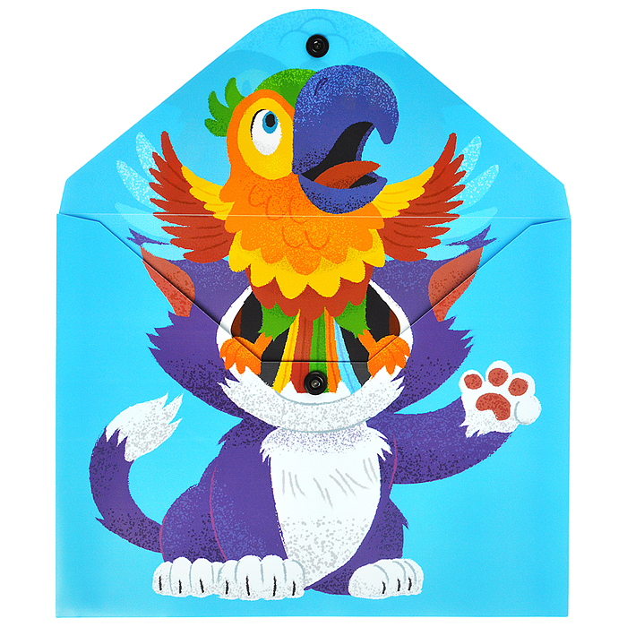 Папка-конверт на кнопке А5, пластик, "Кот с попугаем" 180 мкм, двусторонняя печать