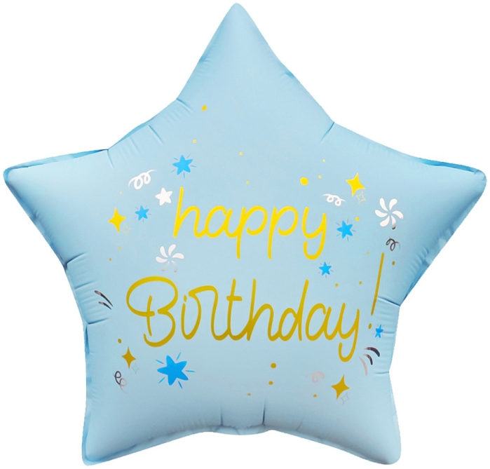 Шар (18''/46 см) Звезда, Happy Birthday (праздничные искры), Голубой, Сатин, 1 шт. в уп.