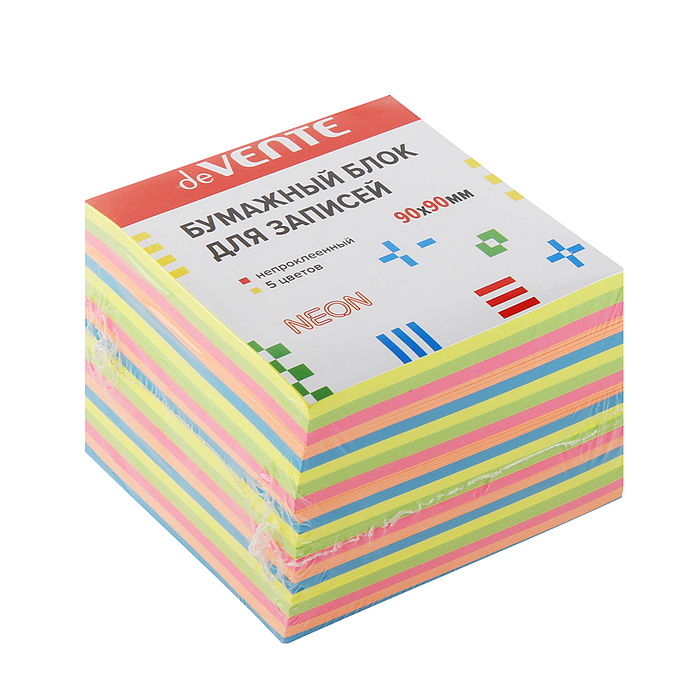 Куб бумажный для записей 90x90 мм, 870 листов, 5 неоновых цветов, 20 слоев, непроклеенный,