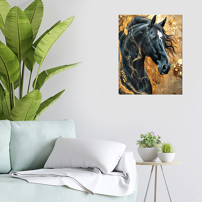 Картина по номерам 40х50 "Чёрная лошадь" с поталью (17 цветов)