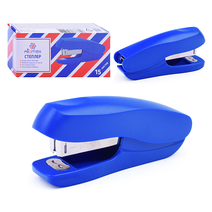 Степлер 24/6&26/6 (мощность 15 листов, глубина скрепления 50 мм) пластиковый, 2 вида скреп