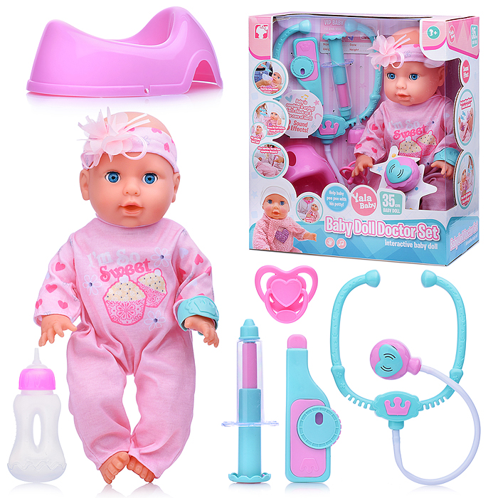 Пупс YL2535C-K "Аленка" доктор (пьет, писает) с аксессуарами, в коробке