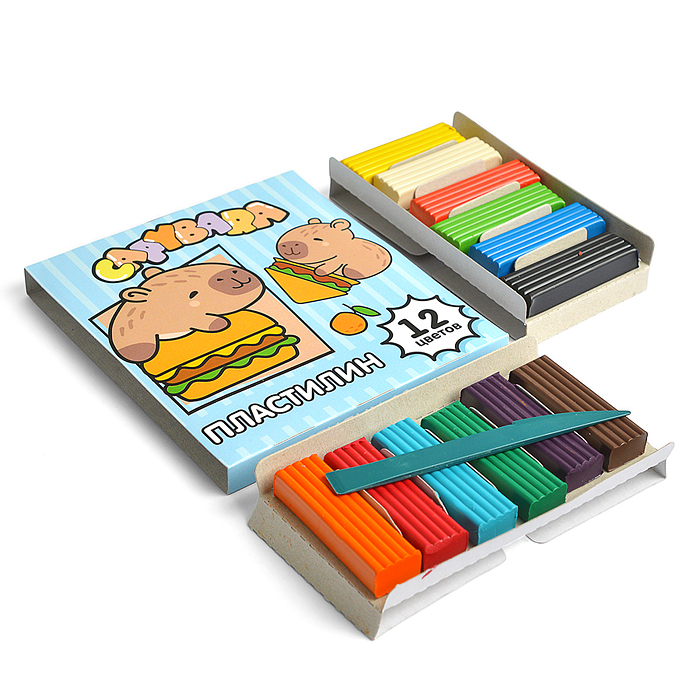 Пластилин 12 цветов "Капибара"  240 гр, стека пластиковая, картонная упаковка