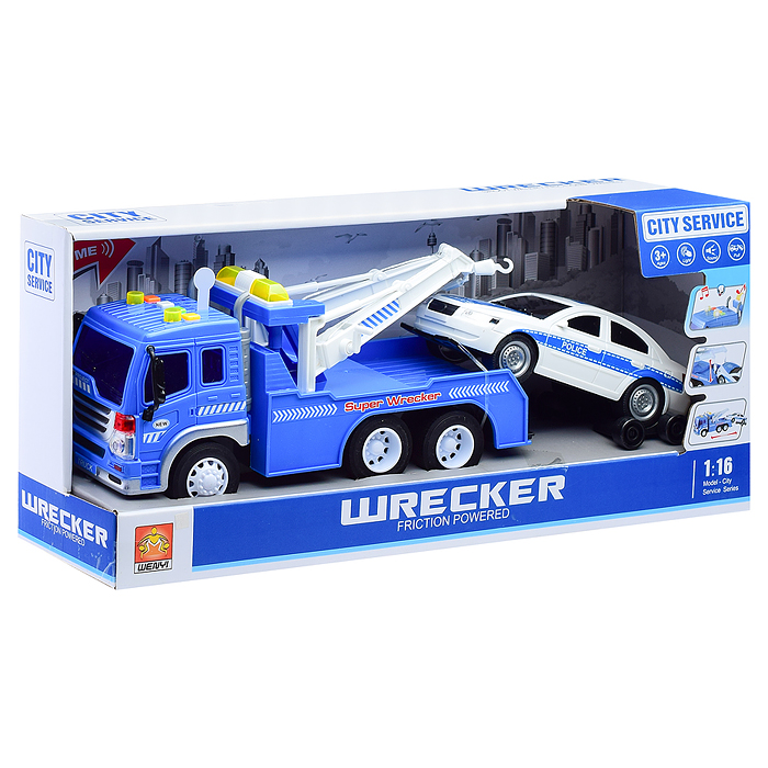 Фото к товару Машина WY570E "Эвакуатор" 1:16 (свет,звук) цвет синий, в коробке Машина WY570E "Эвакуатор" 1:16 (свет,звук) цвет синий, в коробке