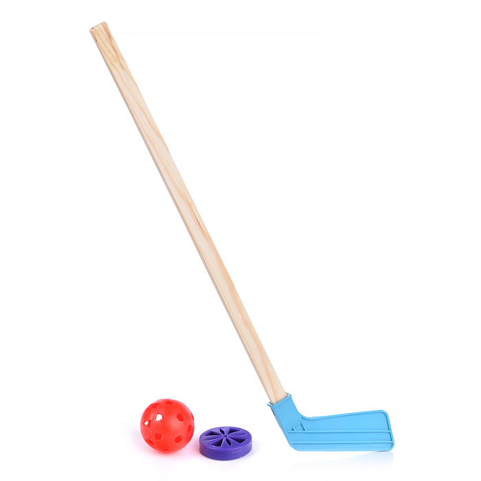Клюшка детск. с шайбой и мячиком в индивид. упак. (дерево+пластик)