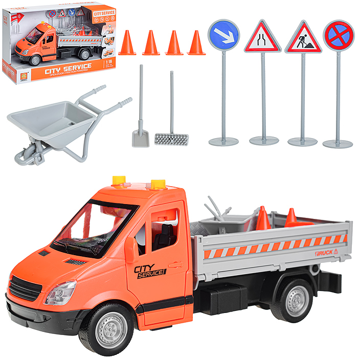 Машина WY593B "Дорожная служба" 1:16 (свет, звук) со знаками  в коробке