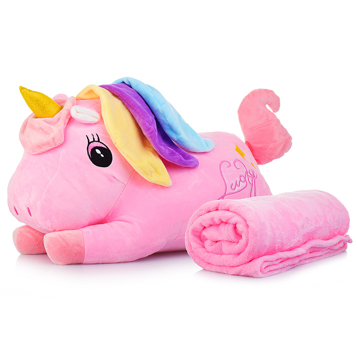 Мягкая игрушка M0742 "Лошадка-единорог" 60см, с пледом