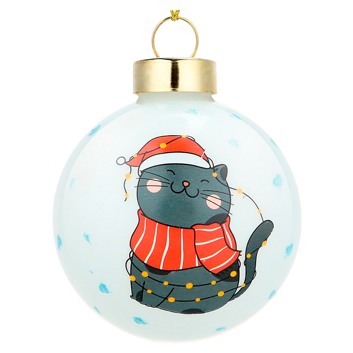 Новогоднее украшение. Елочный стеклянный шар "Серый котик" 6см 