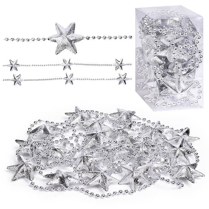 Бусы новогодние S2640 "Серебряные" со звёздами (3,5м)