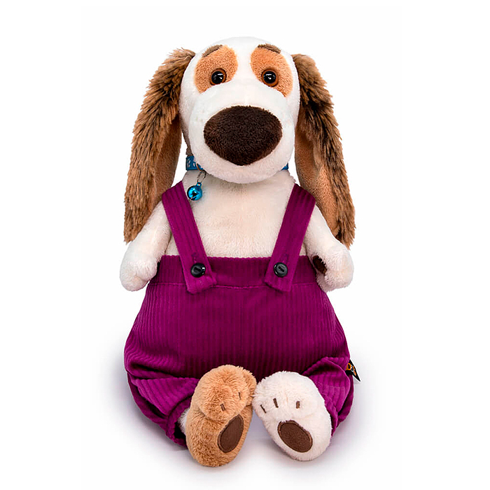 Собака Бартоломей с ошейником и в штанах на лямках