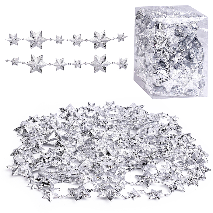Бусы новогодние S2639 "Серебряные звёзды" (4м)