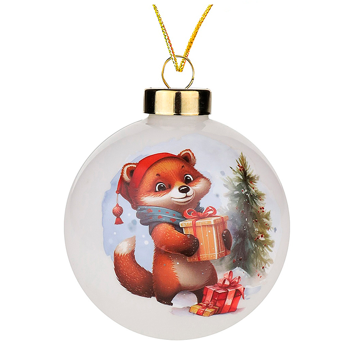 Новогоднее украшение. Елочный стеклянный шар "Новогодний лисенок" 8см 