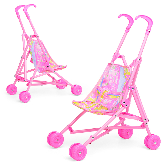 Коляска кукольная 3690 (трость, складная, прогулочная с капюшоном, цвет розовый, с принтом) в пакете