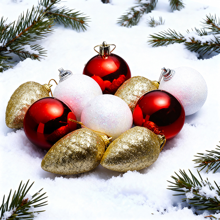 Набор новогодних украшений S2628 (золотые шишки, красные/белые шарики, 10шт х 5см)