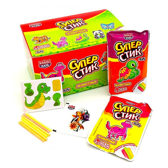Мягкая карамель с игрушкой и татуировкой "Супер Стик с 3D пазлом" (животные) 5гр*40шт
