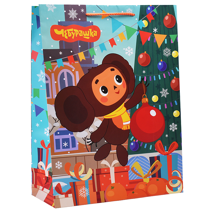 Пакет подарочный матовый "Чебурашка" XL союзмультфильм новогодний Пакет подарочный матовый "Чебурашка" XL союзмультфильм новогодний
