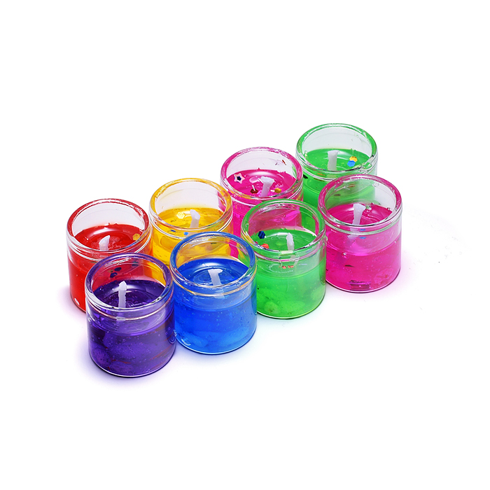 Фото к товару Набор свечей гелевых 00-7030 (8шт х 2,7*2,7см) в стаканчике, с блёстками Набор свечей гелевых 00-7030 (8шт х 2,7*2,7см) в стаканчике, с блёстками