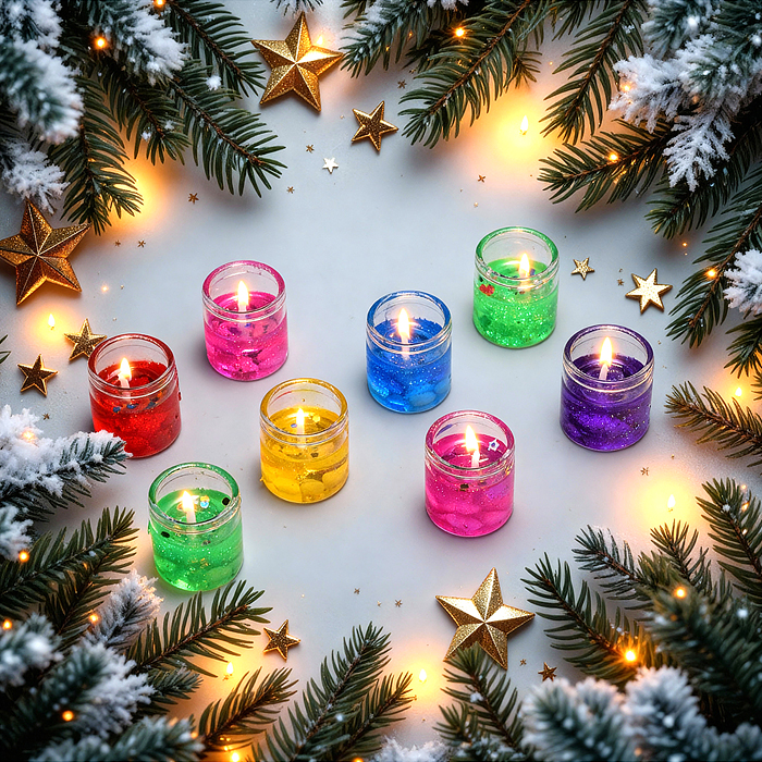 Фото к товару Набор свечей гелевых 00-7030 (8шт х 2,7*2,7см) в стаканчике, с блёстками Набор свечей гелевых 00-7030 (8шт х 2,7*2,7см) в стаканчике, с блёстками