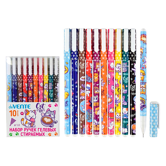 Набор ручек гелевых цветных стираемых "Из жизни котиков" 10 цветов, d=0,5 мм, 