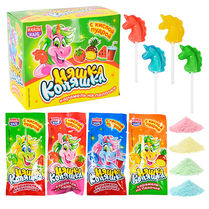 Карамель на палочке с кислой пудрой "Няшка Коняшка" ассорти 12г*48шт