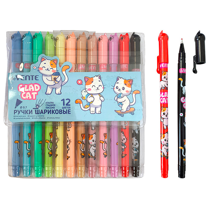 Набор ручек шариковых "Glad cat" 12 цветов, d=0,7 мм, пластиковый корпус