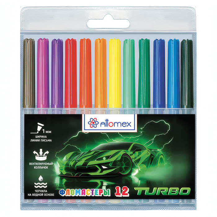 Фломастеры "Turbo" 12 цветов с вентилируемым колпачком, в пластиковом блистере Фломастеры "Turbo" 12 цветов с вентилируемым колпачком, в пластиковом блистере