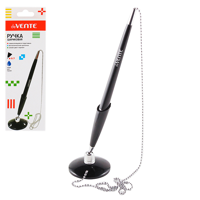 Ручка шариковая на самоклеящейся подставке d=0,7 мм, с металлической цепочкой, черный непр