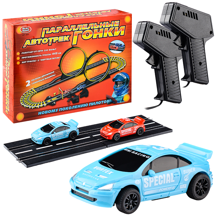 Автотрек 0811 "Параллельные гонки" (445 см.) от сети 220в, в коробке