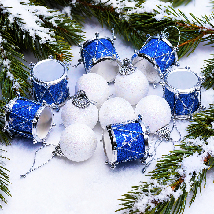 Набор новогодних украшений S2632 "Барабаны и шарики" (2шт х 3см)