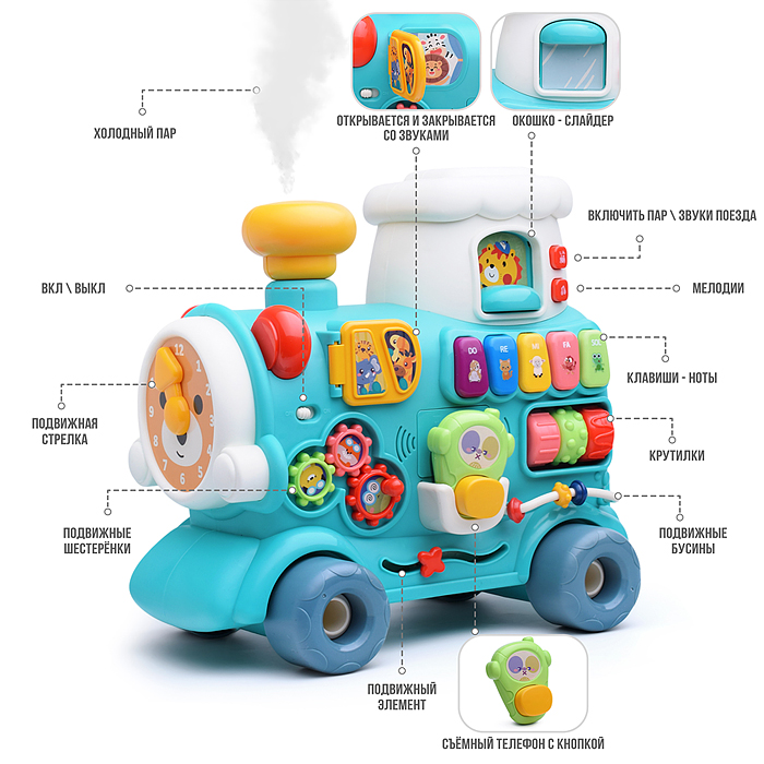 Фото к товару Каталка 6064 "Паровозик" зеленая, в коробке Каталка 6064 "Паровозик" зеленая, в коробке