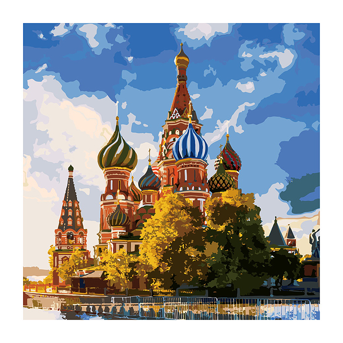Холст с красками 40х40 по номерам "Храм Василия Блаженного" (30 цв.) 