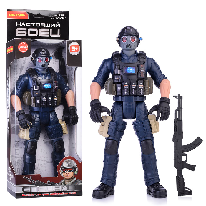 Солдат 31 см с оружием "Настоящий боец" BOX 40,5x15x6,5см, спецназовец в противогазе