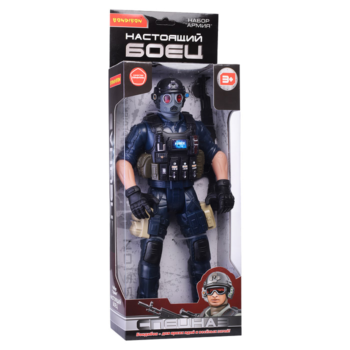 Солдат 31 см с оружием "Настоящий боец" BOX 40,5x15x6,5см, спецназовец в противогазе
