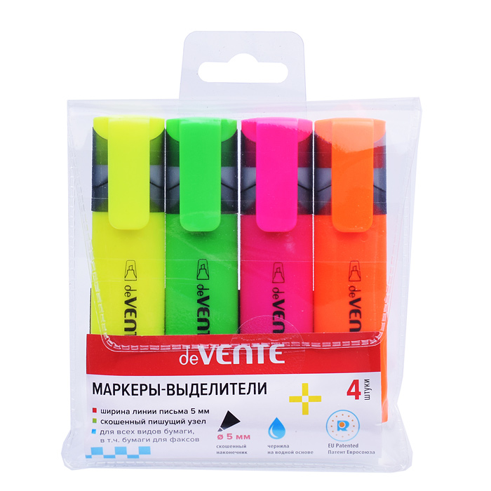 Фото к товару Набор маркеров-выделителей (04 цв - желт, зел, оран, роз) плоский корпус, скошенный наконе Набор маркеров-выделителей (04 цв - желт, зел, оран, роз) плоский корпус, скошенный наконе