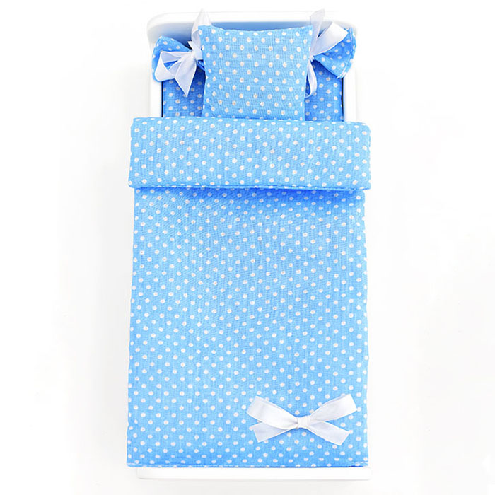 Постельное бельё голубое в горошек для барби Постельное бельё голубое в горошек для барби