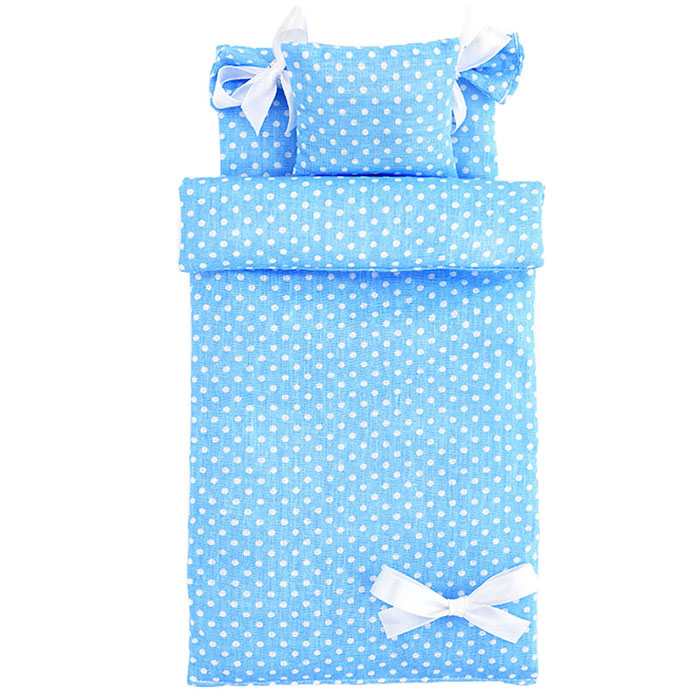 Фото к товару Постельное бельё голубое в горошек для барби Постельное бельё голубое в горошек для барби