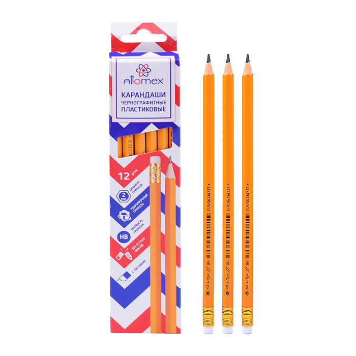 Карандаш чернографитный HB, диаметр грифеля 2 мм, шестигранный с ластиком, индивидуальная 